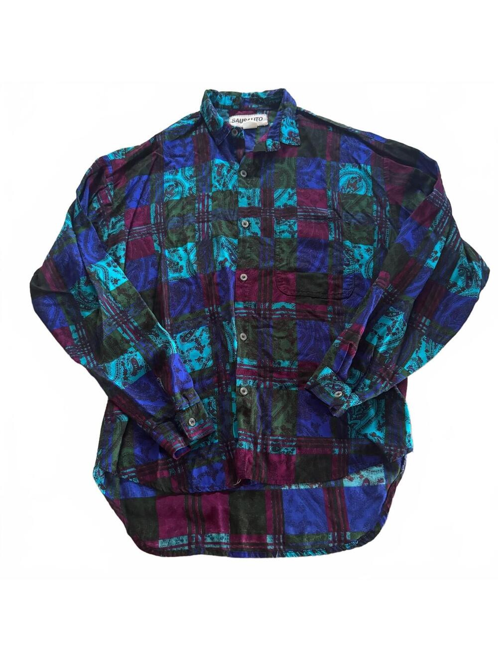 Vtg 80s Sausalito Patchwork Shirt Mens Medium Jewel Tone Paisley Whimsigoth M